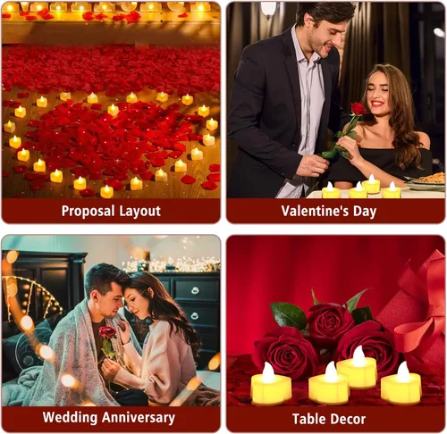 Vista 3 de FloraSea 3000 pétalos de rosa artificiales con 20 velas LED sin llama para decoración de noches especiales y románticas, aniversario de boda
