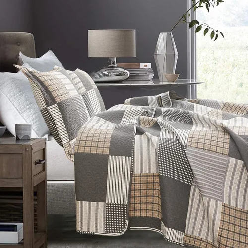 Vista 3 de Juego de edredón a cuadros, colcha y cubrecama tamaño queen, cuadros marrones y blancos, ligero y reversible, microfibra suave, para todas