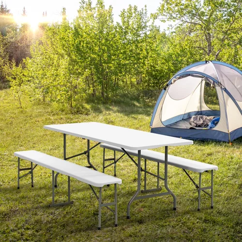 Vista 6 de VINGLI Juego de mesa de picnic con 2 bancos, juego de sillas de mesa de campamento de 6 pies, muebles plegables de 3 piezas para uso en interiores