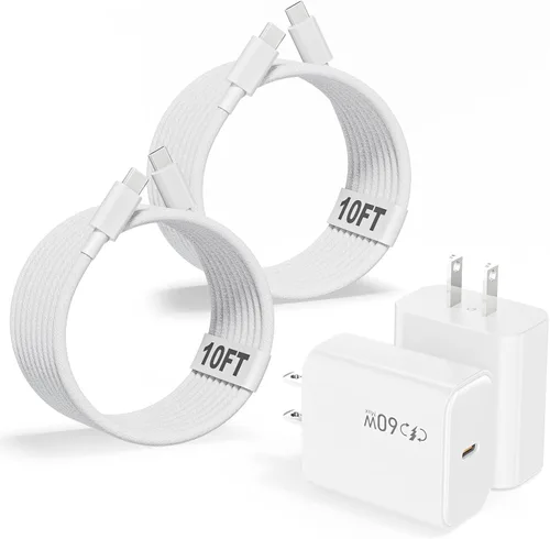 Vista 10 de Cable tejido de 10 pies para Apple 17, 16, 15, 60 W, 10 pies, USB C a tipo C, cable de carga trenzado y cargador USB C de 20 W, enchufe de viaje