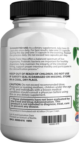 Vista 3 de Suplemento probiótico Denta Tonic Max, 40 mil millones de UFC, 60 cápsulas, apoya la salud oral y digestiva (1)