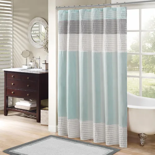 Madison Park Amherst Cortina de Ducha para Baño de Seda Sintética con Piezas a Rayas Moderna de Microfibra, 72x72 Pulgadas, Aqua