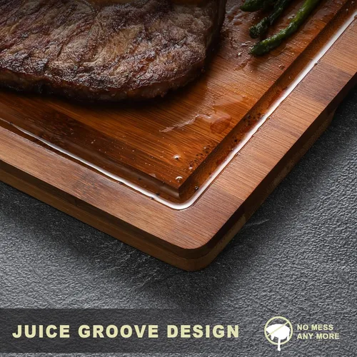 Vista 5 de Hiware Tabla de cortar de madera para cocina, tabla de cortar de bambú resistente con ranura para jugos, juego de tablas de cortar de bambú