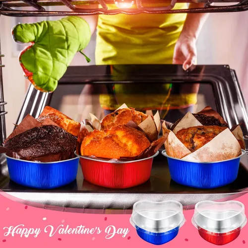 Vista 8 de Honeydak 100 juegos de moldes para hornear con forma de corazón, mini molde de aluminio de 3.4 onzas, lata desechable para cupcakes con tapas