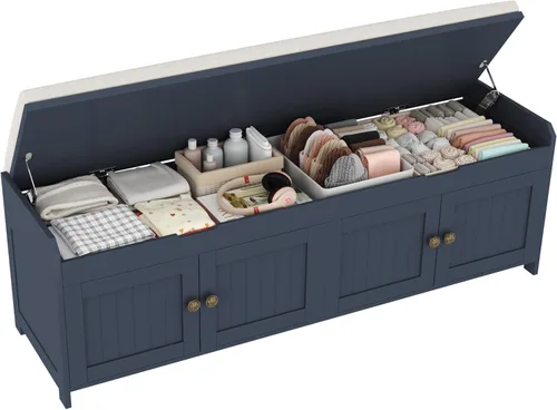 Vista 18 de HOMEFORT Banco para Zapatos de 30" con Almacenamiento de Tapa Elevable, Banco de Entrada con Asiento Acolchado, Banco de Madera para Pie de Cama