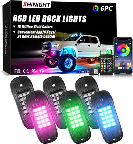 Vista 7 de SHINIGHT - Luces LED de roca para camiones, kit de luces de 12 cápsulas para Jeep, kit de iluminación exterior con control por aplicación, modo