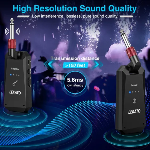 Vista 2 de LEKATO Sistema de guitarra inalámbrica de 5.8G actualizado, receptor transmisor recargable, vida de batería súper larga de 8 horas, sistema