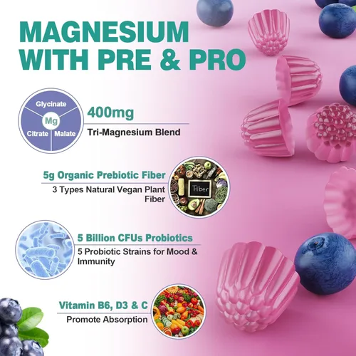 Vista 3 de LILICARE Gomitas de complejo triple de magnesio de 400 mg con prebióticos y probióticos, 5 mil millones de UFC, glicinato de magnesio, gomitas