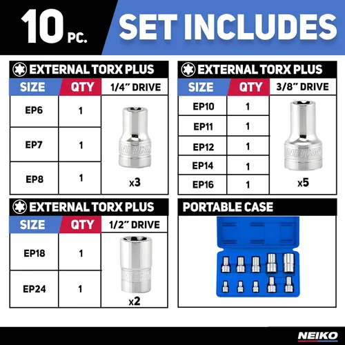 Vista 6 de Neiko 02473A - Juego de llaves externas Torx Plus, 10 piezas EP6 de 1/4 de pulgada - EP8, EP10 de 3/8 pulgadas - EP16, unidad cuadrada de 1/2