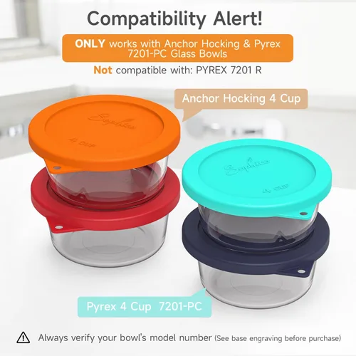 Vista 2 de Sophico Tapas Redondas de Almacenamiento de Silicona de 4 Tazas de Repuesto para Tazones de Vidrio Anchor Hocking y Pyrex 7201-PC