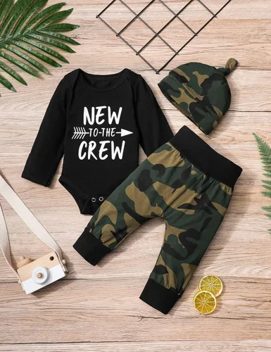 Vista 22 de Conjunto de 3 piezas de ropa para bebé y niño, manga de tatuaje, mameluco divertido y pantalones