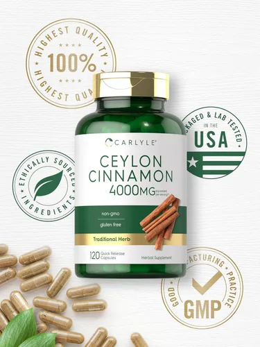 Vista 6 de Cápsulas de canela de Ceilán Carlyle 4000 mg 120 unidades Suplemento sin OGM y sin gluten