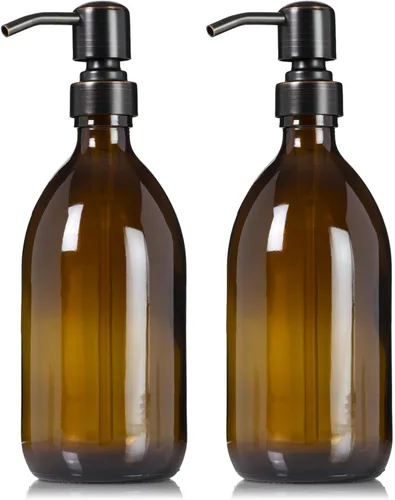 Vista 6 de Dispensador de loción de jabón de manos de vidrio ámbar recargable, 16 onzas, paquete de 2 – Botella de boticario con bomba de plástico negro