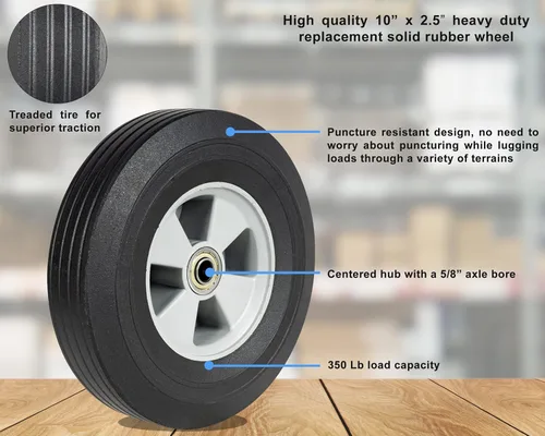 Vista 2 de Vergo Ruedas de Goma Maciza Paquete de 2 Ruedas de Repuesto para Carretilla Sin Aire Resistentes - Neumáticos de Goma con Rosca Neumáticos