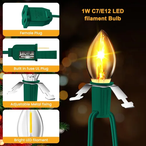 Vista 4 de Sistema de iluminación, cable de accesorios verde de 3.3 pies con 1 bombilla LED C7 fusible, paquete de 4, cable de luces de molde por soplado