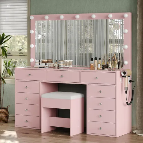 Vista 10 de Yanosaku Escritorio de tocador y toma de corriente, mesa de maquillaje con espejo y 12 luces LED, mesa de maquillaje con 11 cajones, 3 modos
