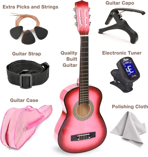Vista 2 de Guitarra de madera de 96,5 cm con estuche y accesorios para niños, niñas, adolescentes, principiantes (Rosa degradado)