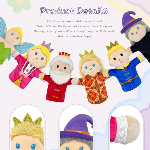 Vista 3 de Juego de 6 marionetas de 12 pulgadas, para miembros de cuento de hadas, títeres de peluche de elfo para niños pequeños, títeres de mano de princesa