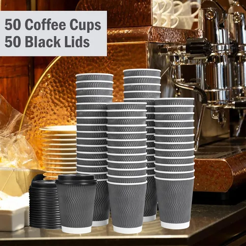 Vista 13 de Lamosi 500 Pack - 12 oz Insulated Disposable Coffee Cups with Lids, To Go Paper Coffee Cups with Lids, Corrugated Ripple Wall Cup for Hot Drink