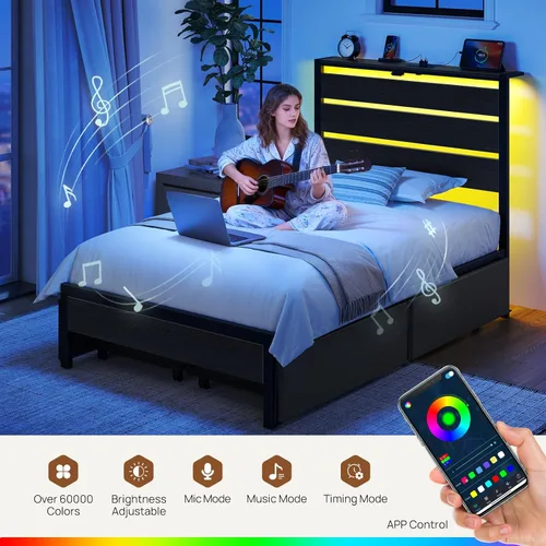 Vista 4 de Rolanstar Base de cama individual con 4 cajones, luces LED y estación de carga, plataforma de metal con cabecera de almacenamiento, sin ruido, fácil