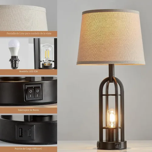 Vista 5 de SRJJA Juego de 2 lámparas de mesa negras para sala de estar, lámparas de granja para mesitas de noche con USB A+C, lámparas de noche