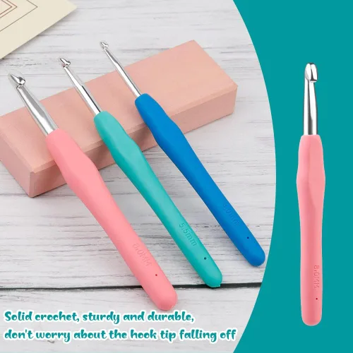 Vista 5 de Ganchos de ganchillo de 3 tamaños, ganchos de ganchillo para manos artríticas, aguja de ganchillo ergonómica de 5.5 pulgadas de largo con mango