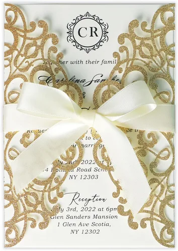Vista 19 de ponatia 25 tarjetas de invitaciones de boda de 5.12 x 7.1 pulgadas con purpurina plateada cortadas con láser con sobres para tarjetas de invitación