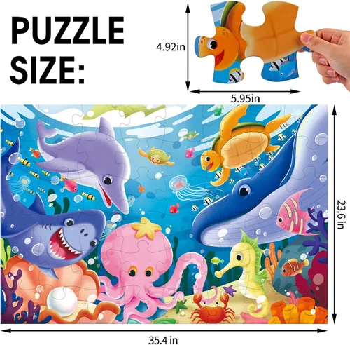 Vista 5 de Rompecabezas de suelo jumbo para niños, rompecabezas subacuáticos, de animales, de 48 piezas, de 3 a 6 años, para niños pequeños, aprendizaje