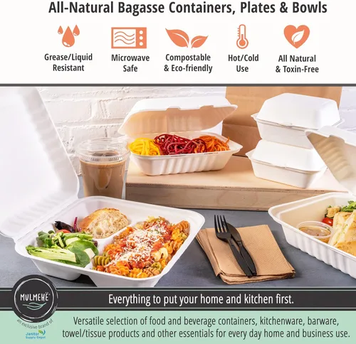 Vista 5 de MULMEHË Contenedores de comida para llevar con bisagras de bagazo de caña de azúcar, ecológicos, 9 x 9 x 3, tres compartimentos divididos, marrón