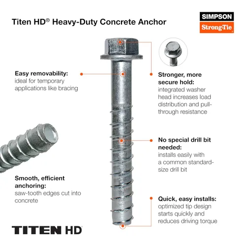 Vista 6 de Simpson Strong-Tie THD50500H - Anclaje de tornillo resistente Titen HD chapado en zinc de 1/2 pulgada x 5 pulgadas, fácil instalación (paquete de 20)
