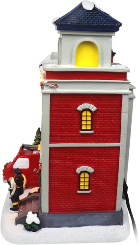 Vista 2 de Christmas Village - Estación de bomberos animada, edificio coleccionable de aldea musical de nieve preiluminada, complemento perfecto para tus