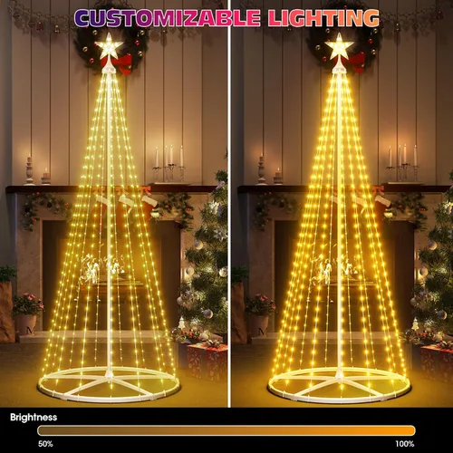 Vista 8 de Árbol de Navidad de Cono Inteligente de 5 pies + 6 pies + 7.5 pies, Luces Preiluminadas Multicolor para Exterior, Sincronización de Música, Control