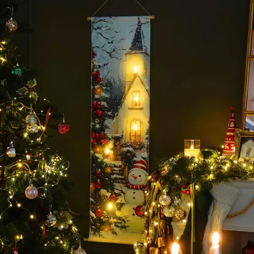 Vista 2 de SOFFEE DESIGN Lienzo de Navidad LED de 16 x 47 pulgadas, arte para pared, iglesia con muñeco de nieve, 5 luces integradas, escena navideña, efecto