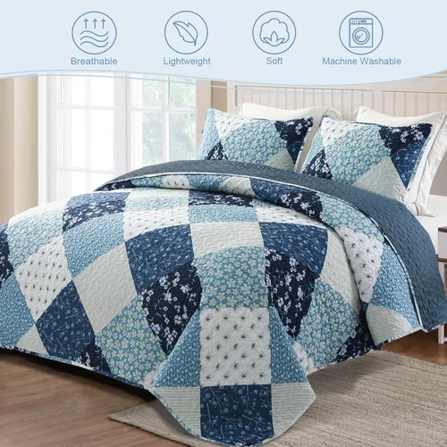 Vista 2 de Exclusivo Mezcla - Juegos de edredón reversibles de estilo bohemio de tamaño Queen, colcha azul ligera, juego de ropa de cama de patchwork