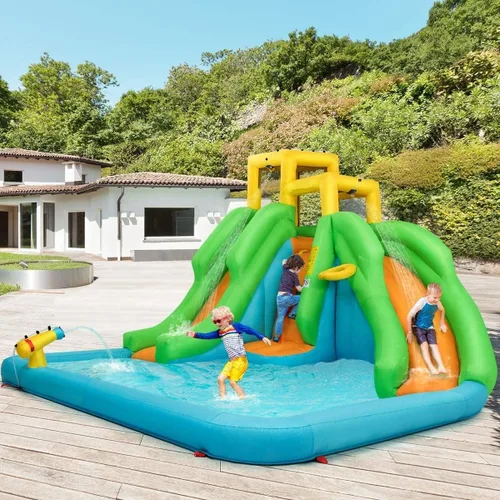 Vista 2 de OLAKIDS Tobogán acuático inflable, casa de rebote 6 en 1 con 2 toboganes, pared de escalada, piscina de salpicaduras, borde de baloncesto, pistola