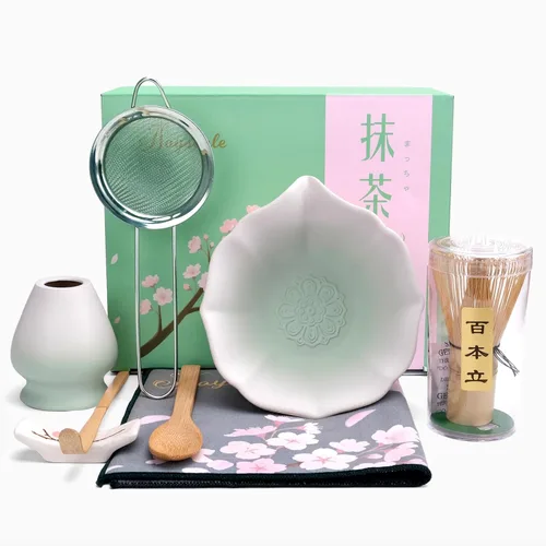 Vista 7 de Joyscale Juego de batidor de matcha, juego de batidor y cuenco, juego de 8 piezas de kit de matcha (diseño de loto), 11 onzas, juego de té Matcha
