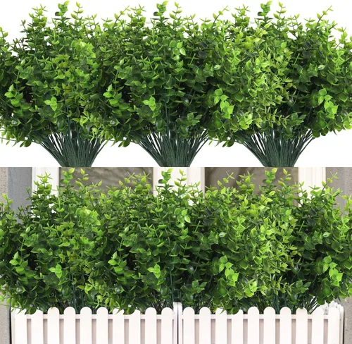 Vista 44 de RECUTMS - 8 ramas de flores artificiales, eucalipto artificial realistas, resiste rayos ultravioleta, para jardín, patio, boda, oficina y casa