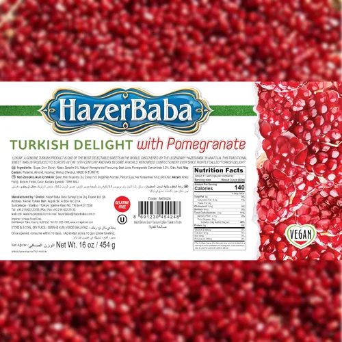 Vista 2 de Hazer Baba - Caramelos turcos, sabor a granada y zereshk, 16 onzas (paquete de 1), caja de aperitivos gourmet, aperitivo tradicional, vegano, lokum