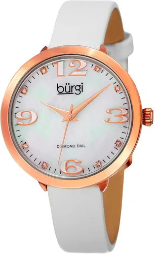 Burgi BUR119 - Esfera de nácar, 8 marcadores de diamantes, numerales arábigos grandes, pulsera de piel auténtica para mujer