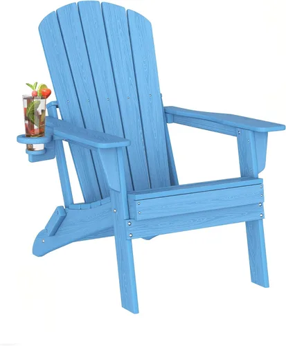 Vista 21 de Plawdlik Silla plegable Adirondack, probada por SGS, textura de madera con portavasos, resistente a todo tipo de clima, HDPE, cómoda para piscina