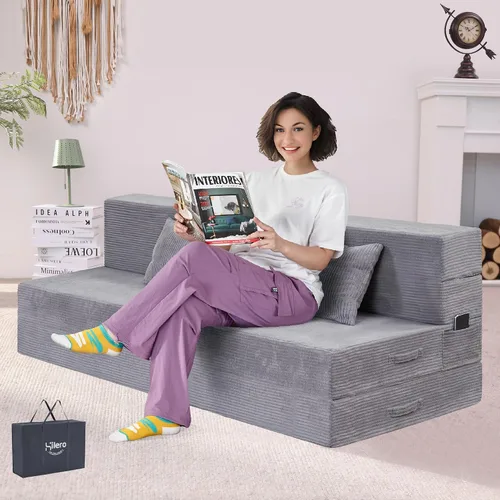 Vista 15 de Sofá Cama Individual Plegable Silla Sofá Cama con Almohada, Twin, Beige Cama de silla plegable