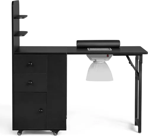 Vista 9 de Foldable Manicure Table - Folding Nail Desk Station w/Electric Downdraft Vent, Lockable Wheels, Foldable Nail Arm Rest, Storage Drawers, Wooden