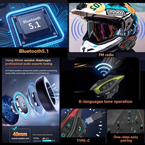 Vista 7 de Kit de intercomunicador Bluetooth para casco de motocicleta, casco de motocicleta con cancelación de ruido DSP/CVC, intercomunicador de casco de 8