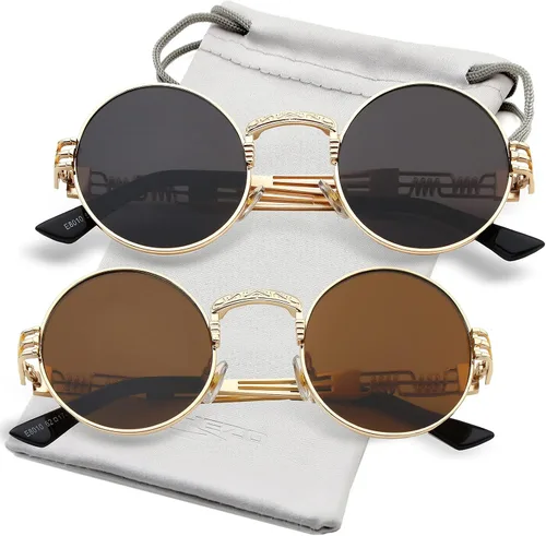 AIEYEZO Gafas de sol redondas steampunk Circle Lennon Hippie, marco de metal, lente de bloqueo UV 100%