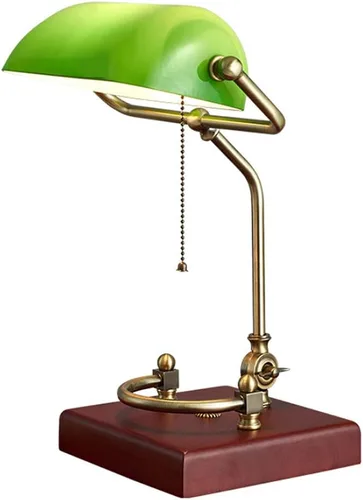 Lámpara de mesa Esmeralda Verde Vidrio Luz de lectura Base de madera 1920 Clásico Banker lámpara Verde Pull Switch LED Lámpara de escritorio