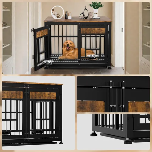 Vista 4 de Muebles de jaula para perros, mesa auxiliar oculta de 38 pulgadas con bandeja extraíble, marco de metal grueso, jaula de perro de doble propósito