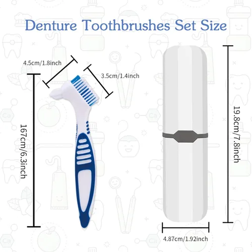 Vista 2 de Cepillo de dentadura postiza, 2 piezas de cepillo de dientes falsos con funda de transporte blanca, cerdas de varios niveles con mango de agarre