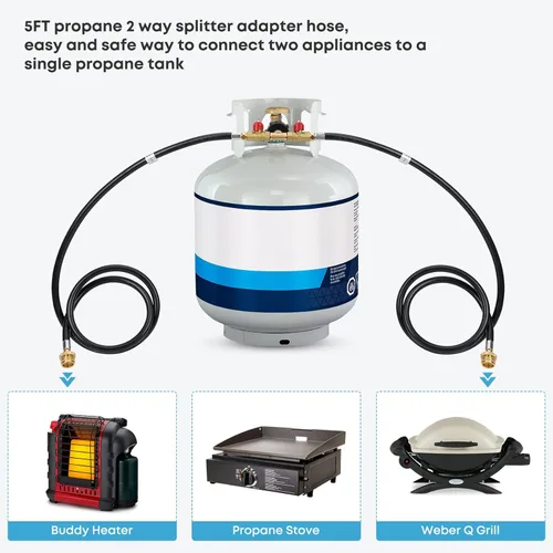 Vista 5 de Stanbroil Manguera de propano de 5 pies con ajuste QCC1/tipo 1, manguera divisora en Y de 2 vías con válvula de cierre, perfecta para campamento
