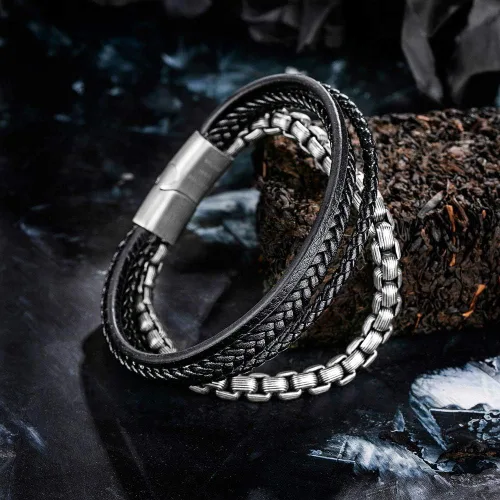 Vista 4 de Speroto Pulseras para hombre, pulseras de cuero y acero, pulseras de cadena con cierre, pulseras de acero para hombre, Sin gemas.