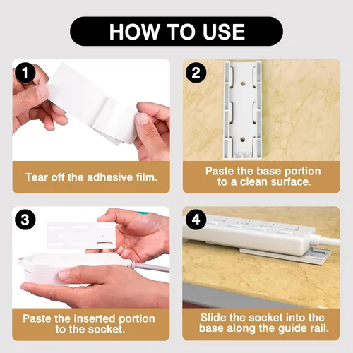 Vista 6 de Soporte Adhesivo para Enchufes sin Perforaciones, Kit de 10 Soportes para Regletas de Alimentación y 40 Clips para Cables, Soporte Autoadhesivo